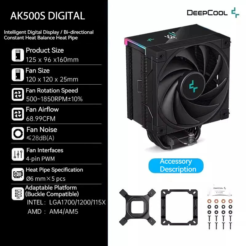 DeepCool AK500S digitální chladič CPU s 5 tepelnými trubicemi, TDP 240W, chlazení ATX, PC chladič pro LGA1700/1200 115X AM4 AM5