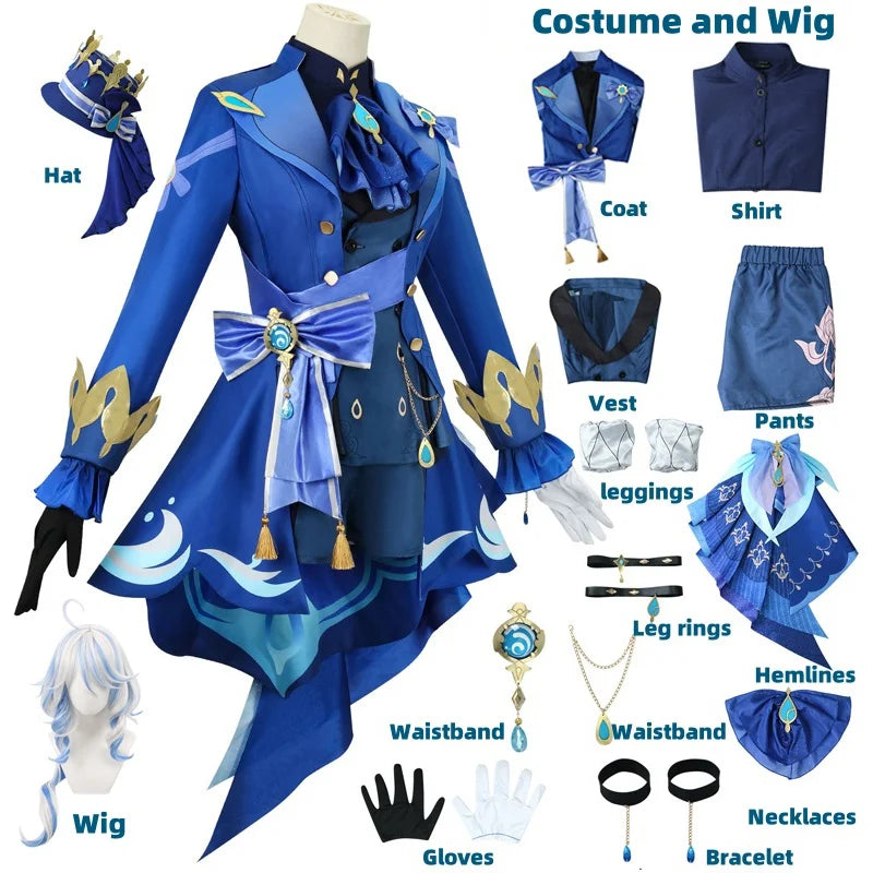 FurinaCos | Elegantní Černý Cosplay Kostým s Parukou a Kloboukem