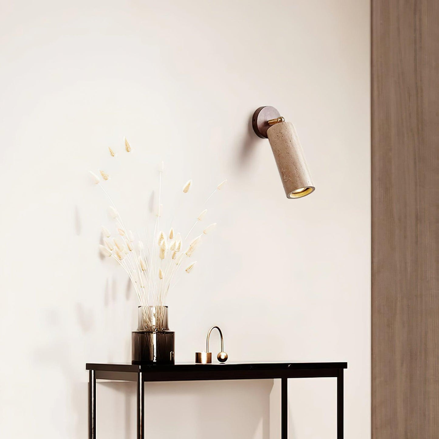 Stylish Bathroom Wall Lamp with Travertine and Wood - Compact Design for Modern Interiors, Ideal Wall Sconce for Wet Spaces