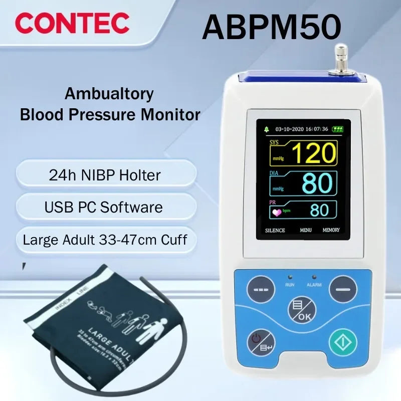 CONTEC ABPM50 24hodinový NIBP Holter dynamický digitální monitor krevního tlaku na paži s PC softwarem, velký pro dospělé nebo manžeta pro dospělé