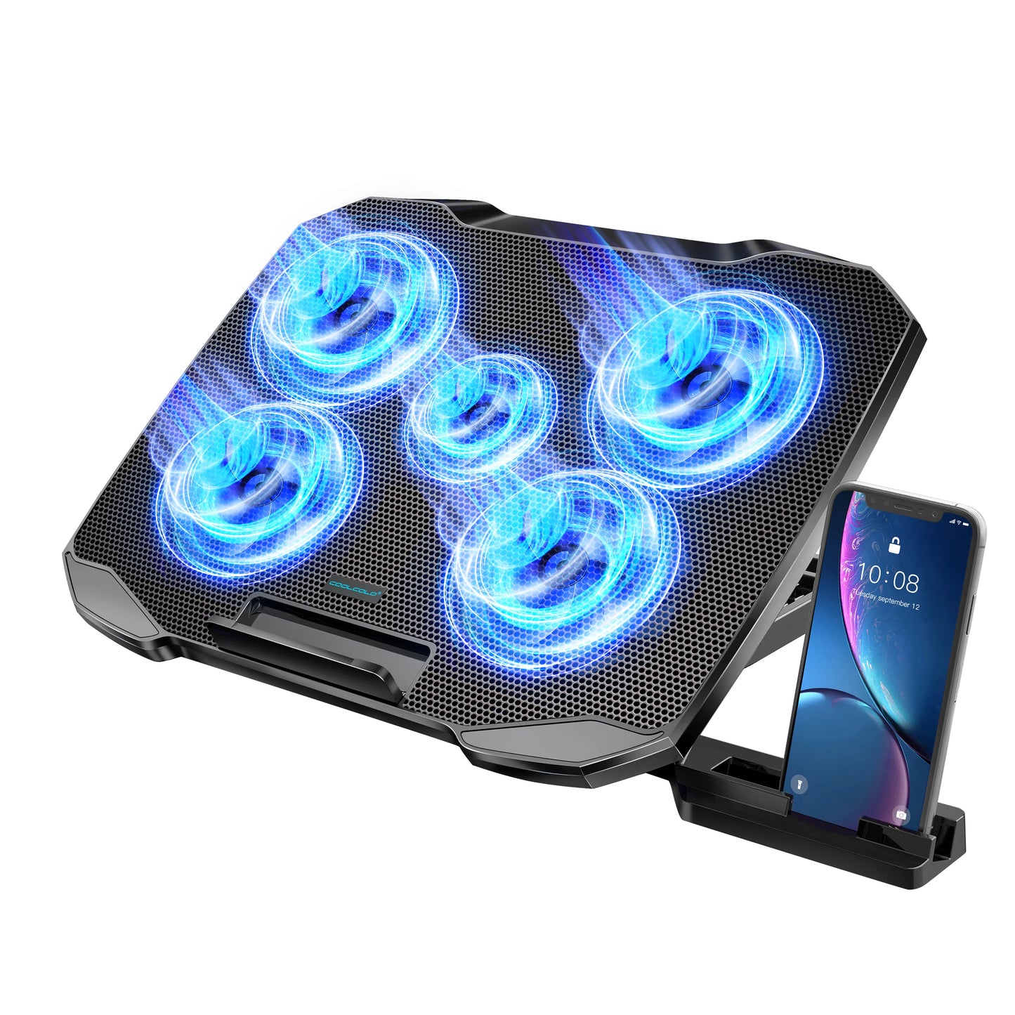 Chladicí podložka COOLCOOLD pro notebook 12-17 palcový, chladicí stojan, 5 tichých ventilátorů, 5 úhlů nastavení s držákem na telefon