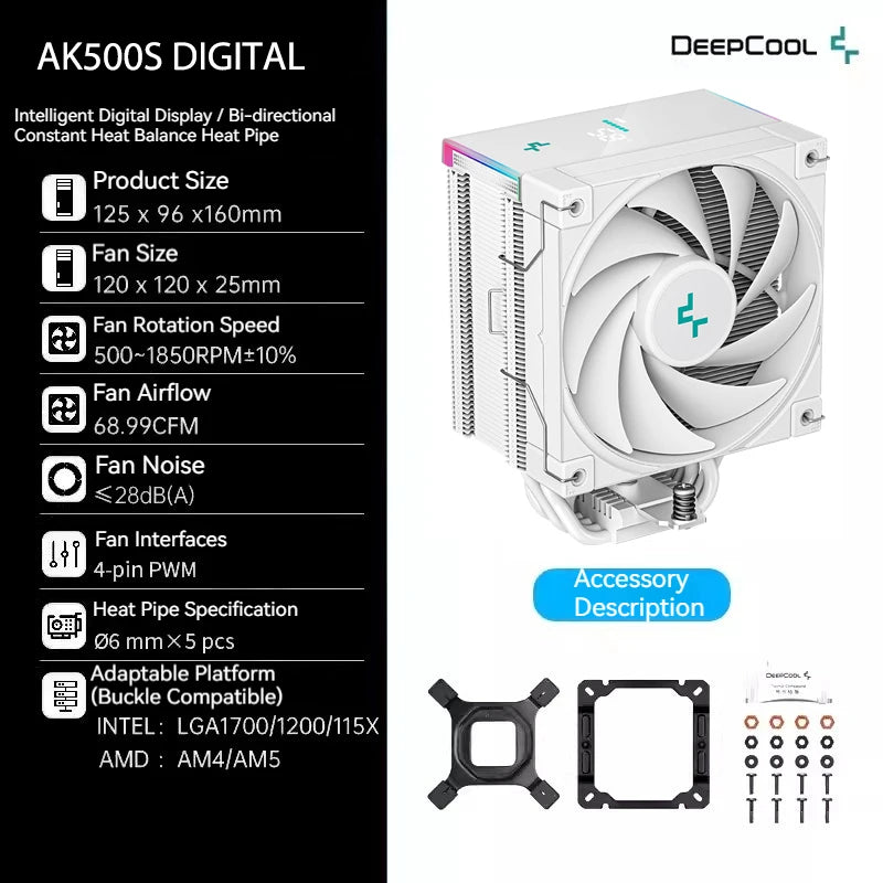 DeepCool AK500S digitální chladič CPU s 5 tepelnými trubicemi, TDP 240W, chlazení ATX, PC chladič pro LGA1700/1200 115X AM4 AM5