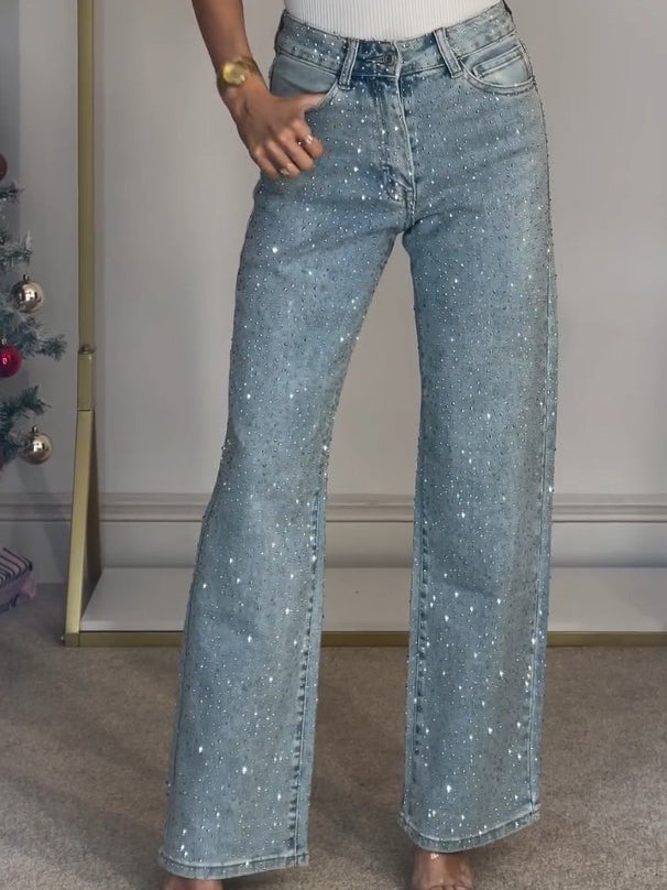 DiamanteDenim | Glamourøs Høj Talje Straight Jeans med Diamantdetaljer