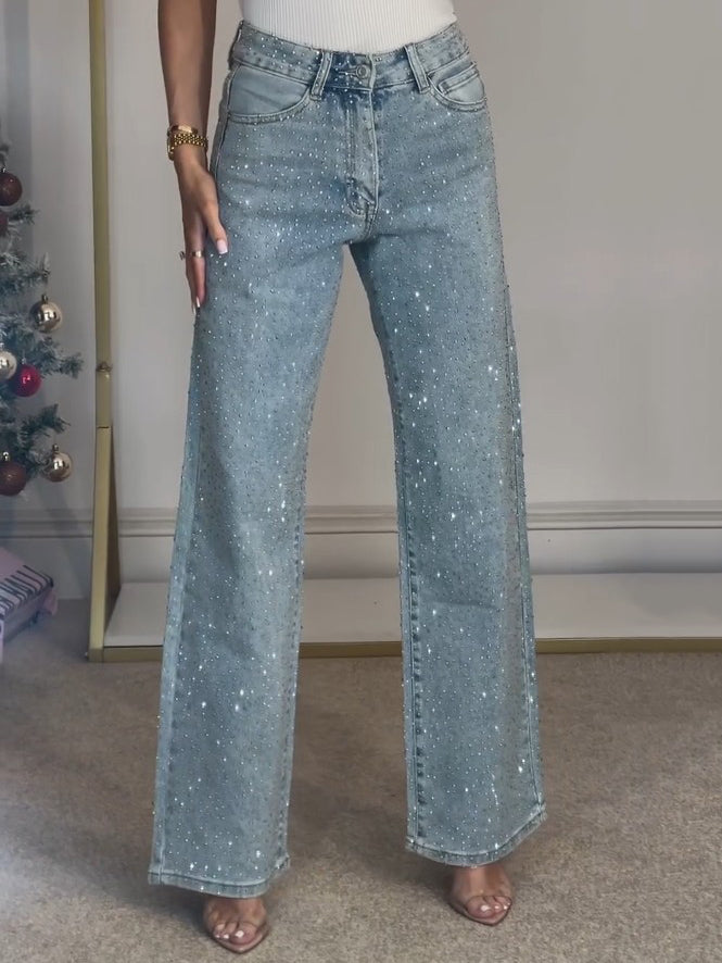 DiamanteDenim | Glamourøs Høj Talje Straight Jeans med Diamantdetaljer