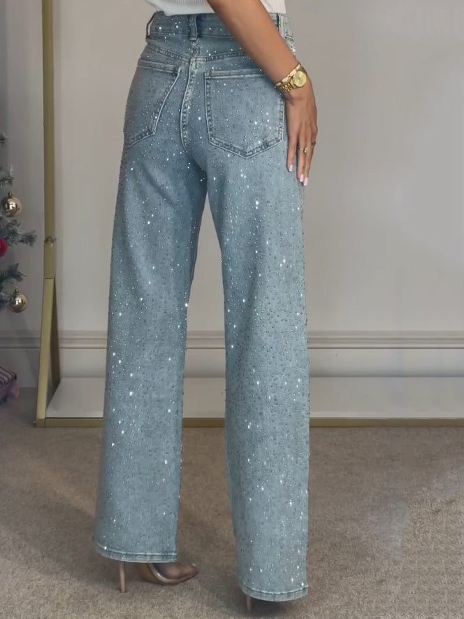 DiamanteDenim | Glamourøs Høj Talje Straight Jeans med Diamantdetaljer