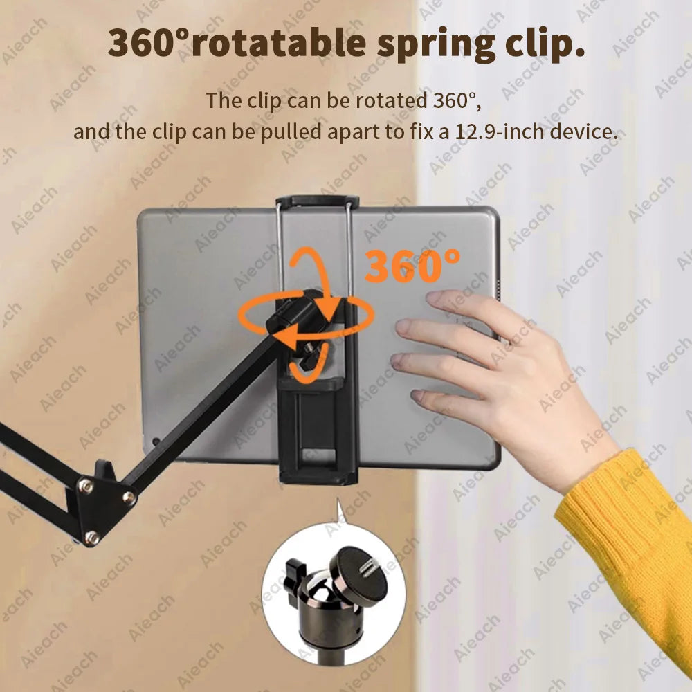 Držák na tablet do postele s kovovým ramenem 90 cm, stojan na iPad, držák na tablet, otočný o 360°, pro telefon a tablet s úhlopříčkou 4,5~12,9 palce