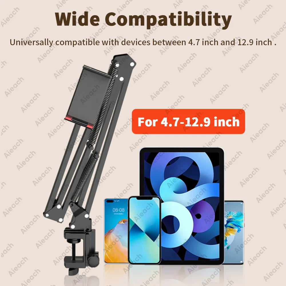Držák na tablet do postele s kovovým ramenem 90 cm, stojan na iPad, držák na tablet, otočný o 360°, pro telefon a tablet s úhlopříčkou 4,5~12,9 palce