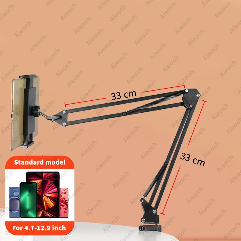 Držák na tablet do postele s kovovým ramenem 90 cm, stojan na iPad, držák na tablet, otočný o 360°, pro telefon a tablet s úhlopříčkou 4,5~12,9 palce