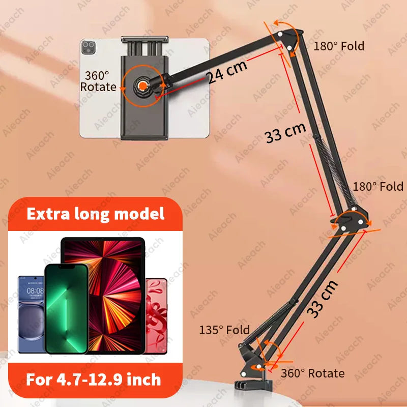 Držák na tablet do postele s kovovým ramenem 90 cm, stojan na iPad, držák na tablet, otočný o 360°, pro telefon a tablet s úhlopříčkou 4,5~12,9 palce