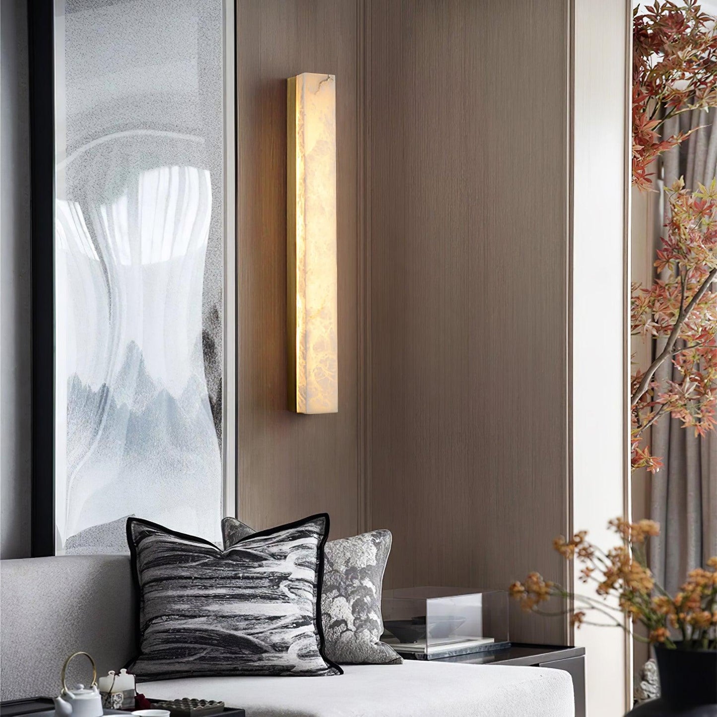 Elegant Brass and Alabaster Wall Sconce Lighting with LED - Modern Design for Living Room, Bedroom, and Dining Room