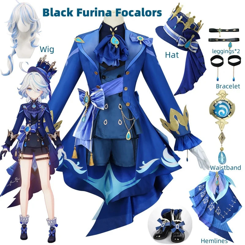 FurinaCos | Elegantní Černý Cosplay Kostým s Parukou a Kloboukem