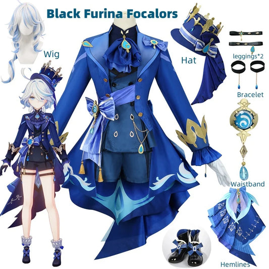 FurinaCos | Elegantní Černý Cosplay Kostým s Parukou a Kloboukem