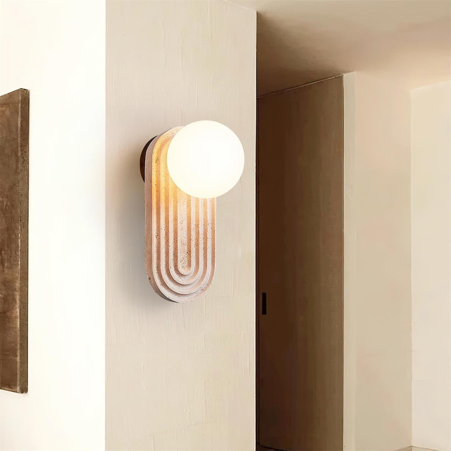 Lanviro Modern Travertine Wall Sconce Light with Matte Glass Ball - Stylish Bathroom Wall Light for Cozy Interiors