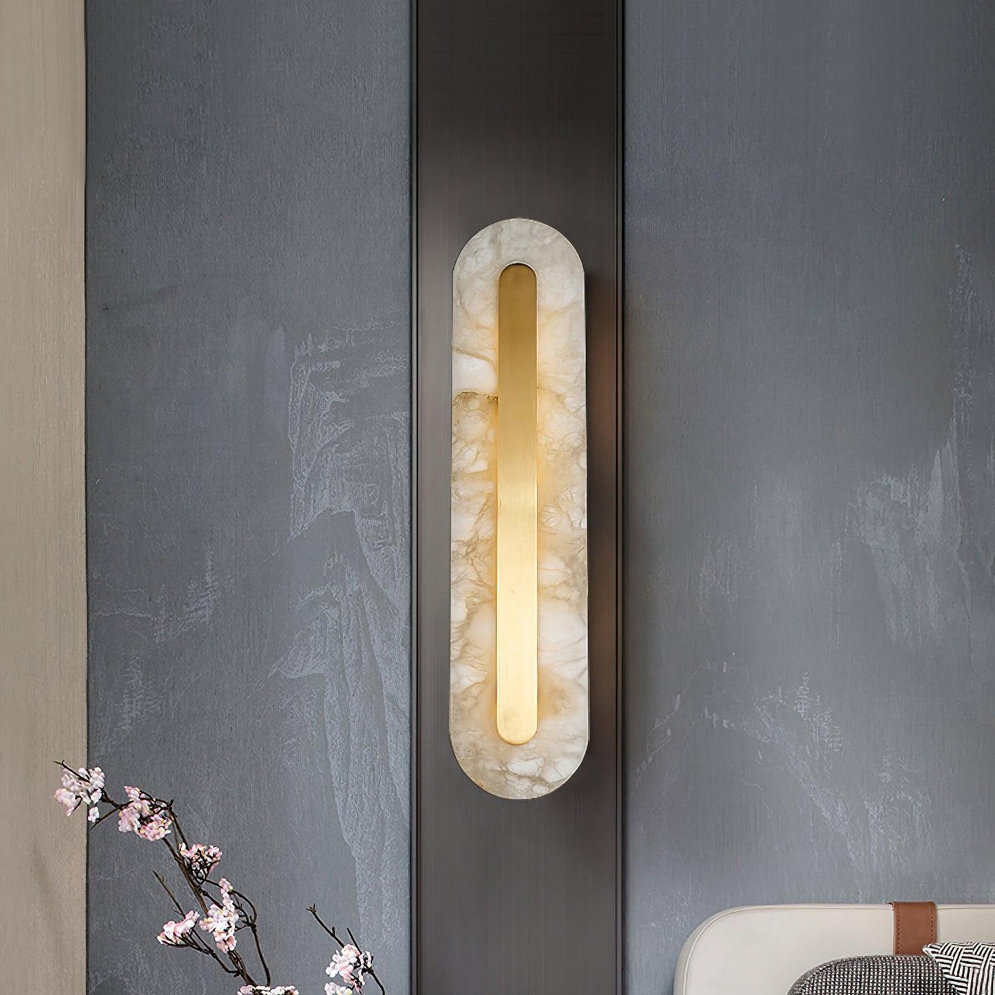 Modern Brass and Alabaster Wall Sconce Light with LED - Flexible Vertical/Horizontal Mounting, Soft Lighting for Any Room