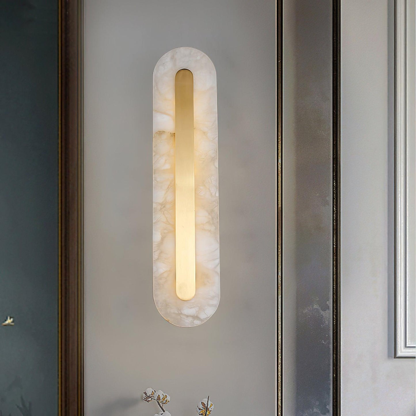 Modern Brass and Alabaster Wall Sconce Light with LED - Flexible Vertical/Horizontal Mounting, Soft Lighting for Any Room