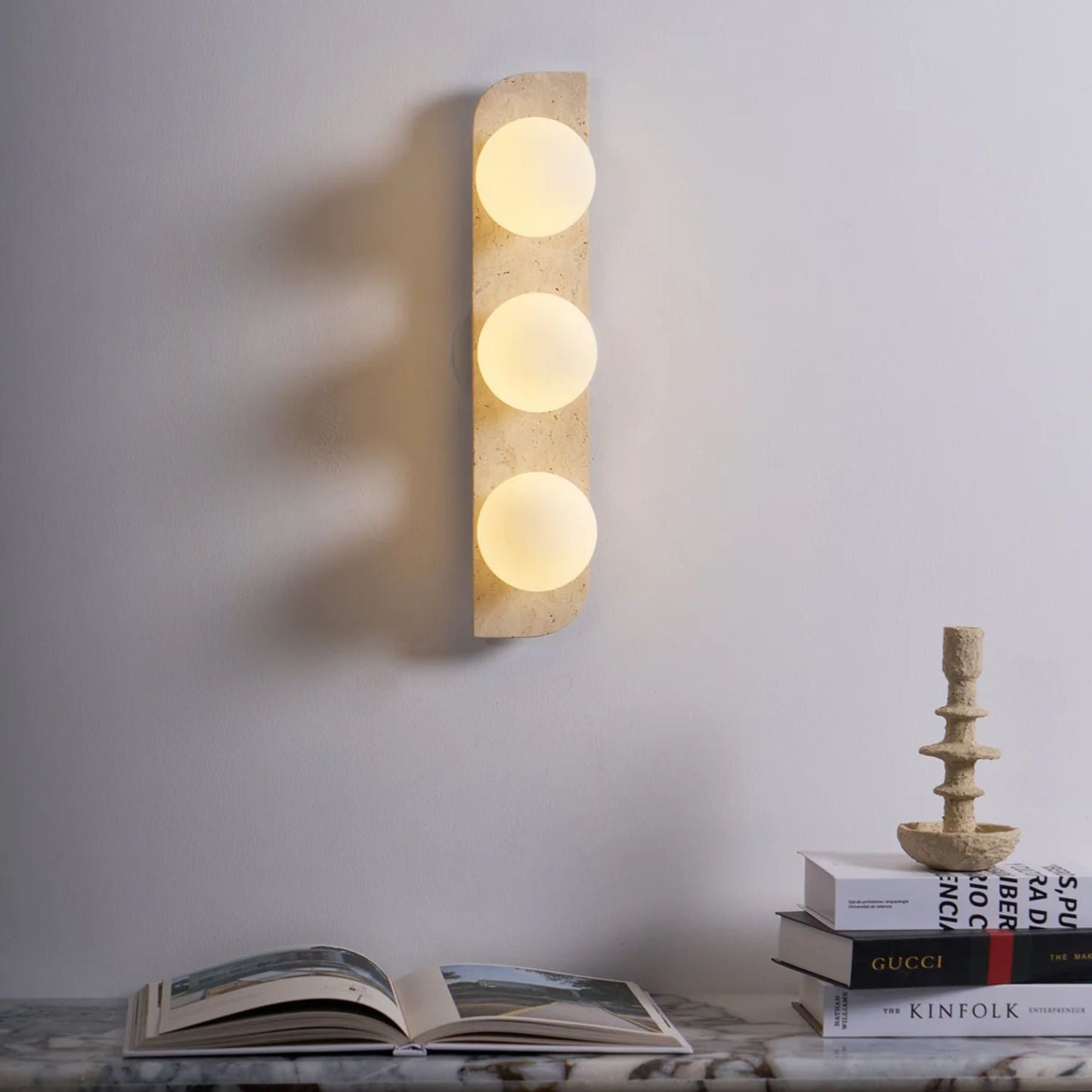 Pellune Modern Wall Sconce Light with Travertine and Wood - Elegant Wall Lamp for Living Room, Hallway, and Bathroom