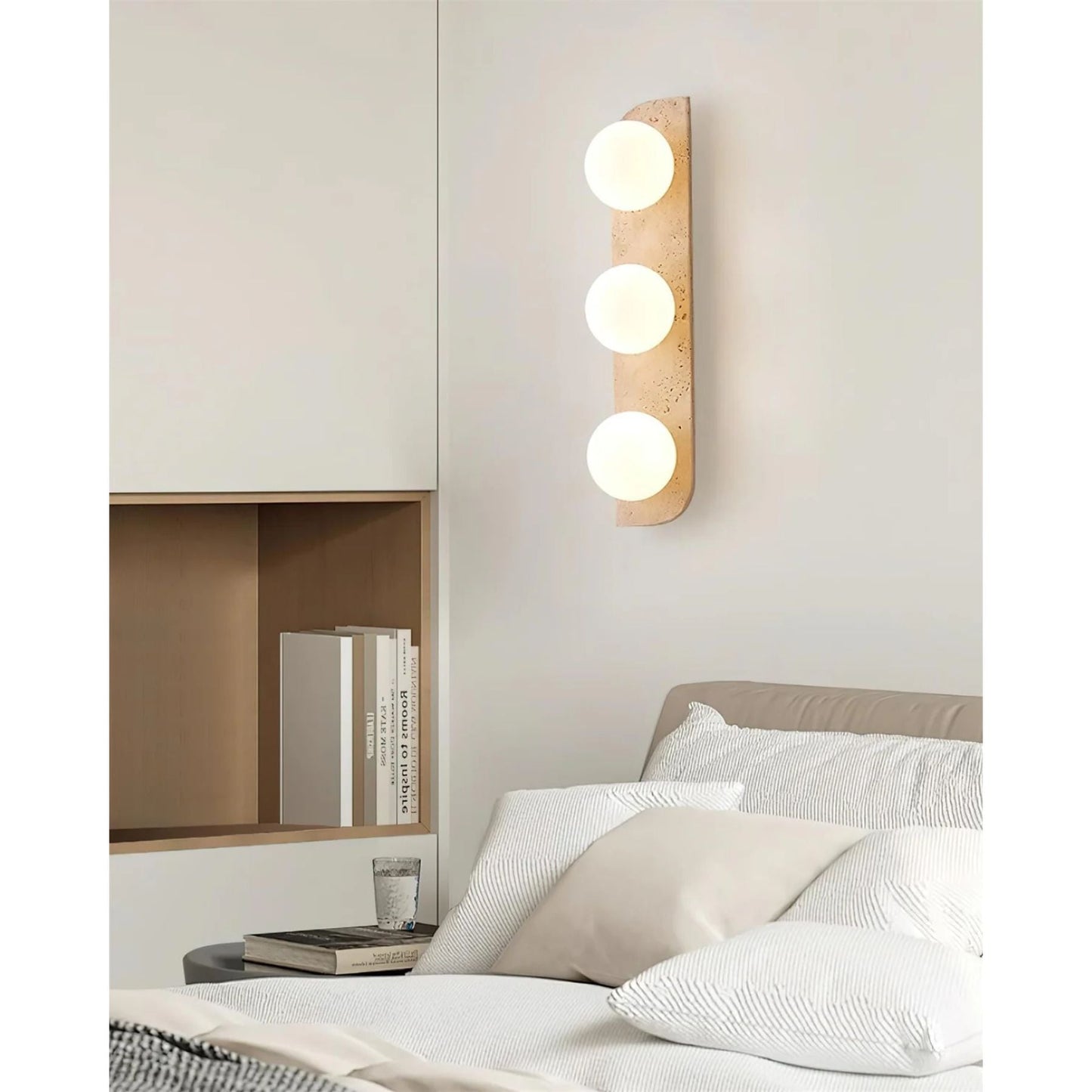 Pellune Modern Wall Sconce Light with Travertine and Wood - Elegant Wall Lamp for Living Room, Hallway, and Bathroom