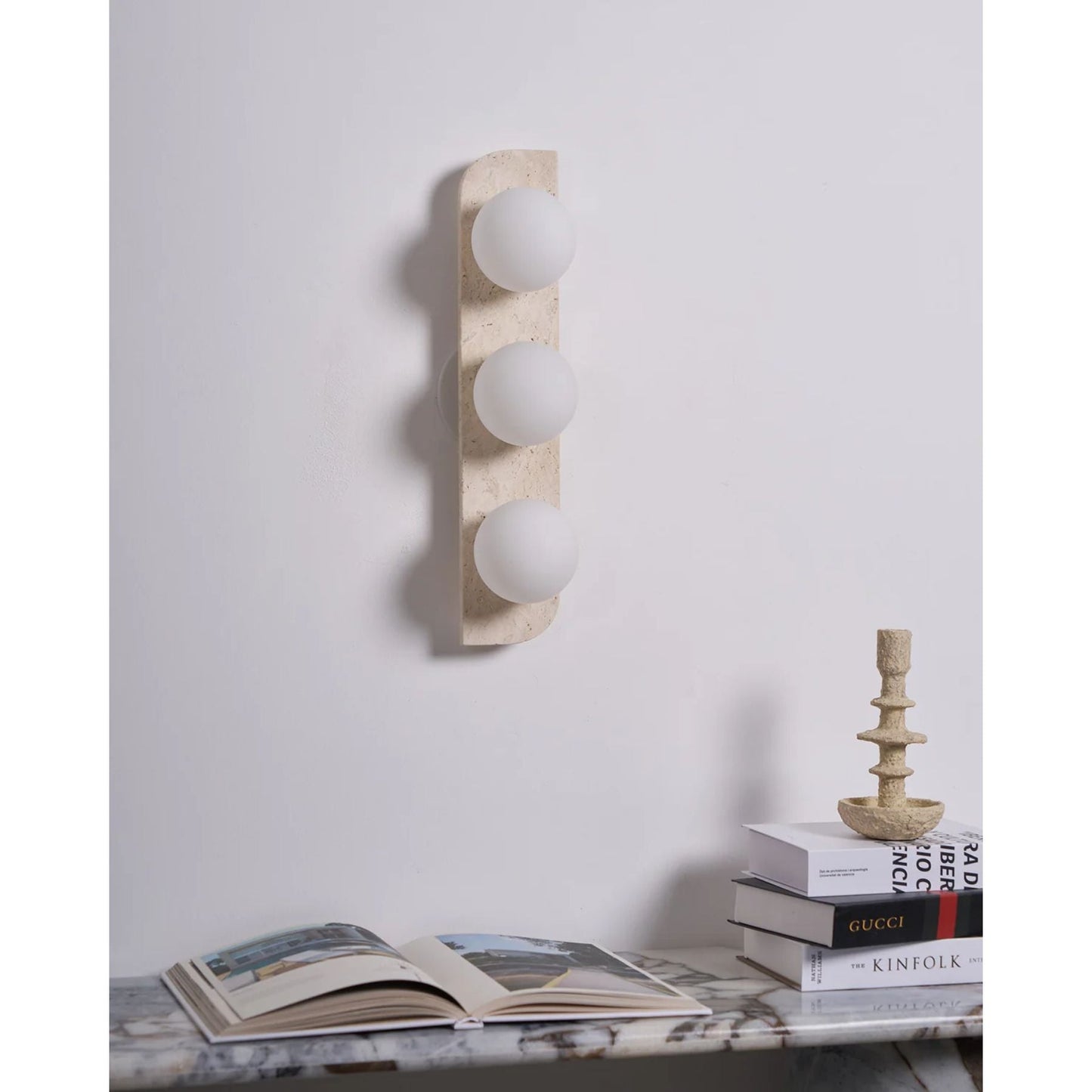Pellune Modern Wall Sconce Light with Travertine and Wood - Elegant Wall Lamp for Living Room, Hallway, and Bathroom