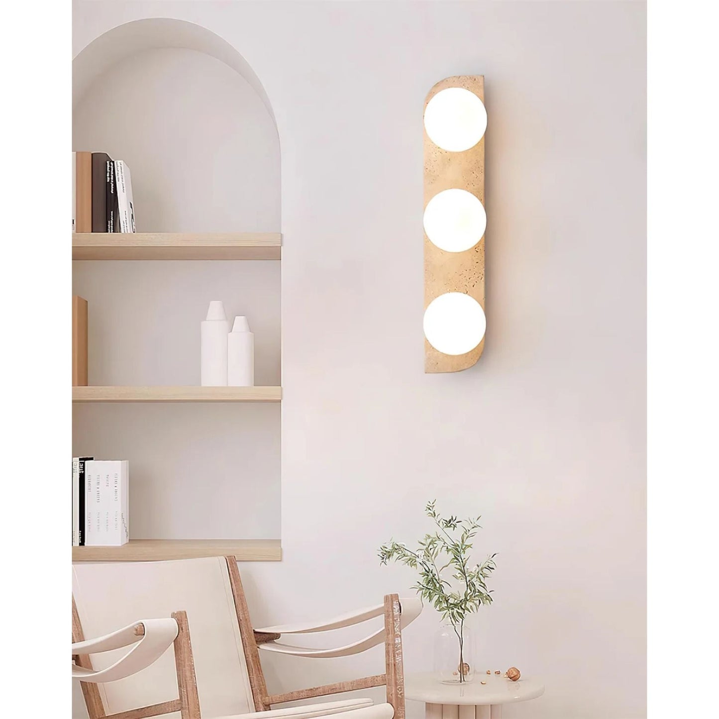 Pellune Modern Wall Sconce Light with Travertine and Wood - Elegant Wall Lamp for Living Room, Hallway, and Bathroom