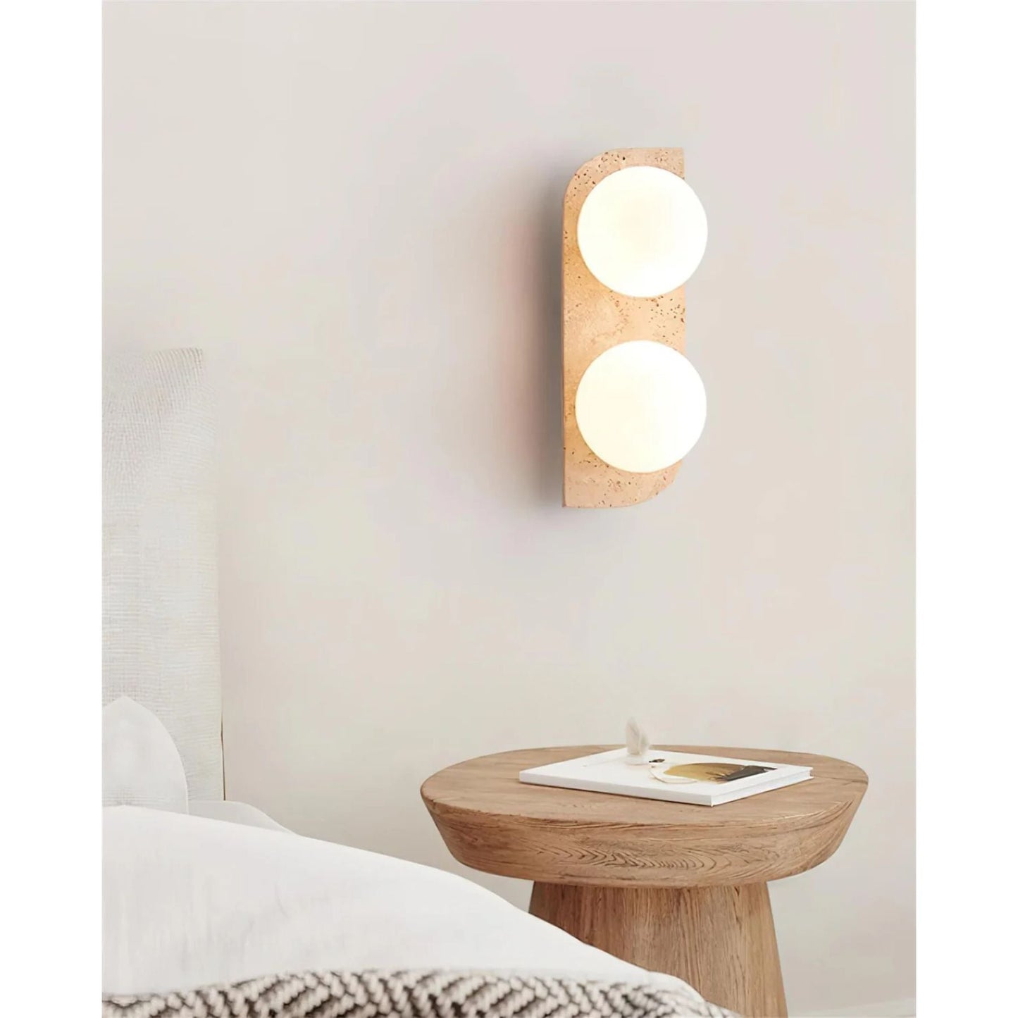 Pellune Modern Wall Sconce Light with Travertine and Wood - Elegant Wall Lamp for Living Room, Hallway, and Bathroom