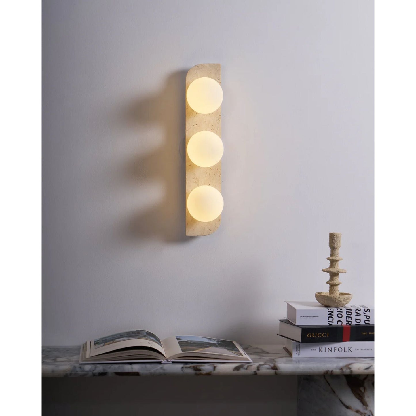Pellune Modern Wall Sconce Light with Travertine and Wood - Elegant Wall Lamp for Living Room, Hallway, and Bathroom