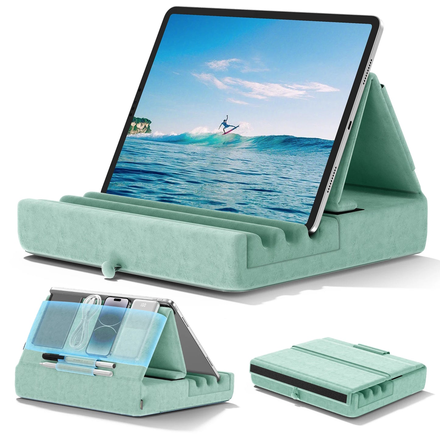 Skládací držák na tablet KDD, stojan na iPad pro klínovou postel a stůl, měkká podložka na tablet, dokovací stanice s kapsou a držákem na stylus pro iPad Pro