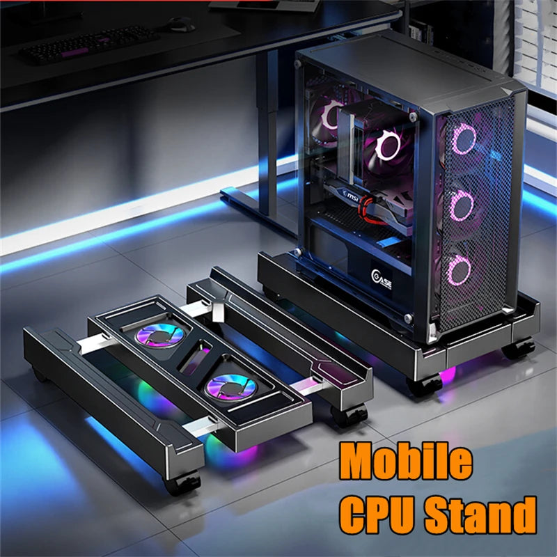 Stojan pro mobilní PC, nastavitelný držák CPU, teleskopický stolní stojan, vozík pro CPU s RGB chladicím ventilátorem, odvod tepla