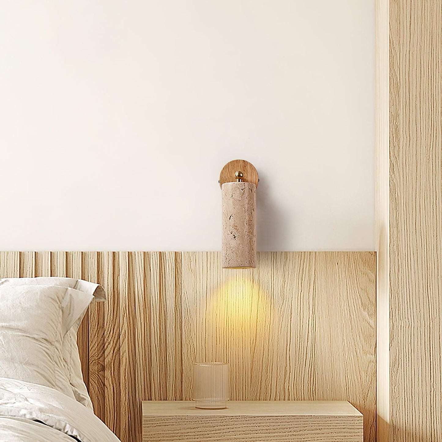 Stylish Bathroom Wall Lamp with Travertine and Wood - Compact Design for Modern Interiors, Ideal Wall Sconce for Wet Spaces