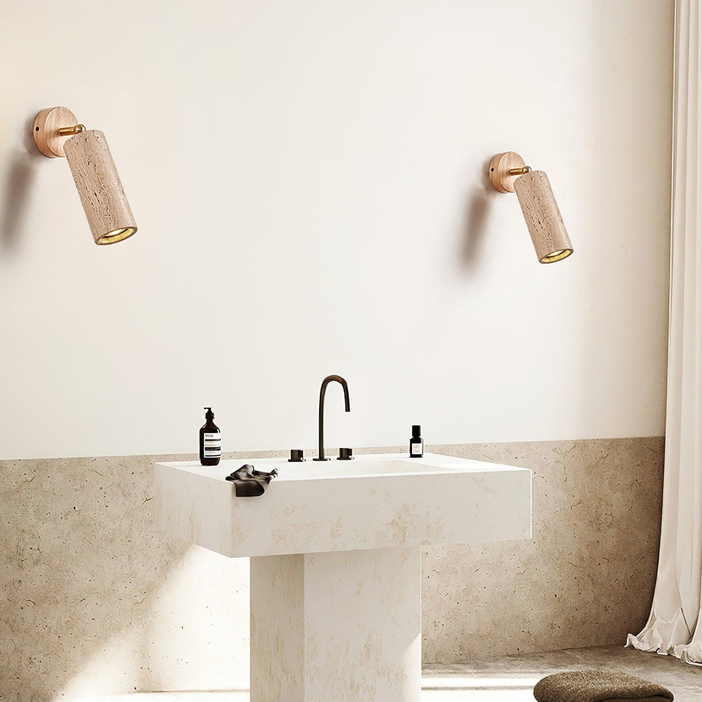Stylish Bathroom Wall Lamp with Travertine and Wood - Compact Design for Modern Interiors, Ideal Wall Sconce for Wet Spaces