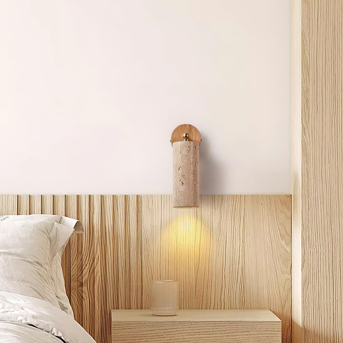 Stylish Bathroom Wall Lamp with Travertine and Wood - Compact Design for Modern Interiors, Ideal Wall Sconce for Wet Spaces