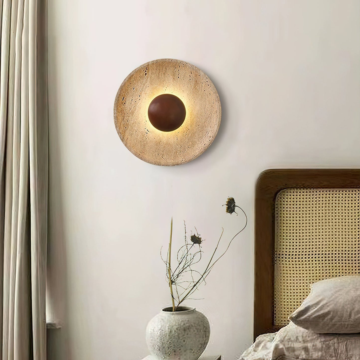 Telaho | Travertine wall lamp with wooden base | Elegant lighting for modern interiors
