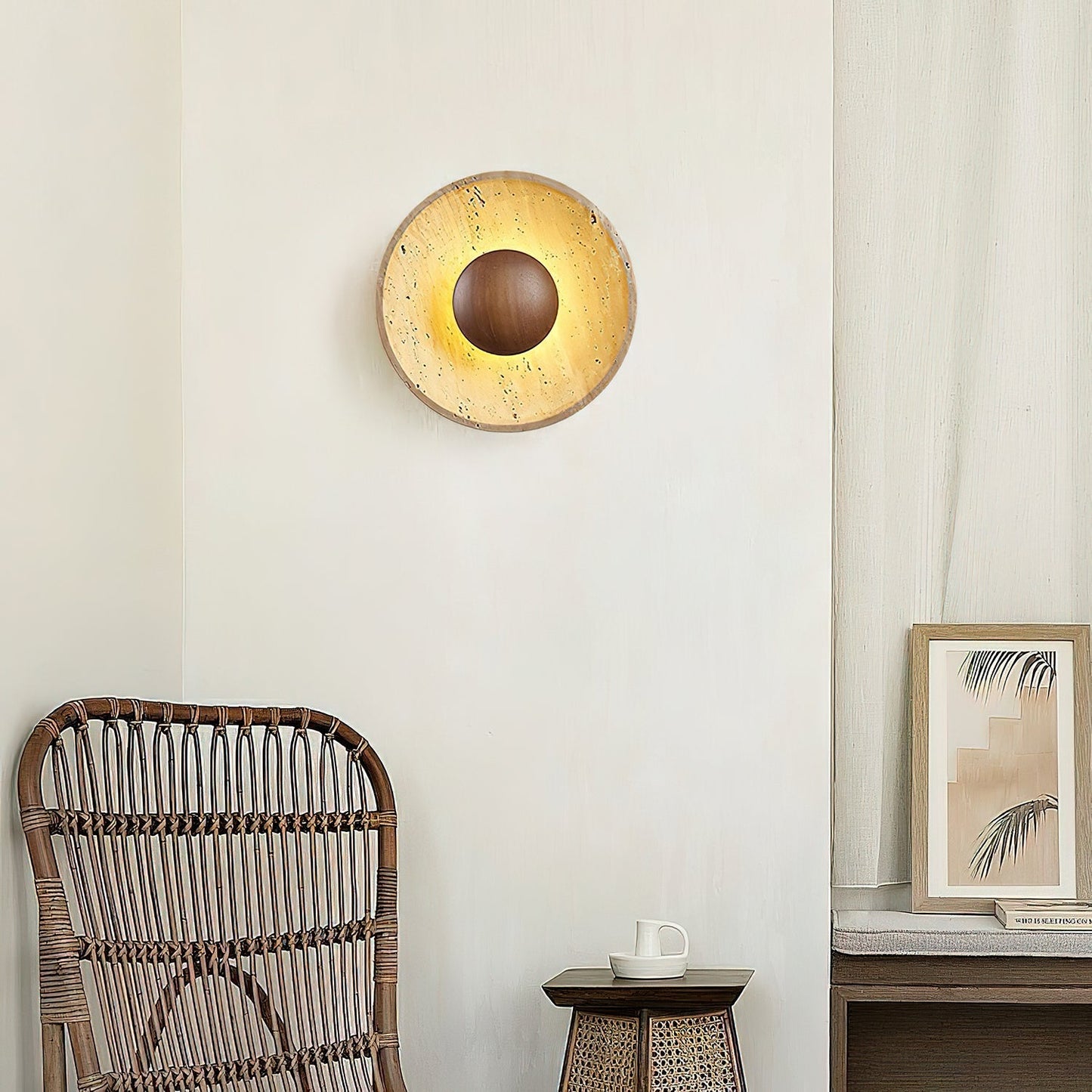 Telaho | Travertine wall lamp with wooden base | Elegant lighting for modern interiors
