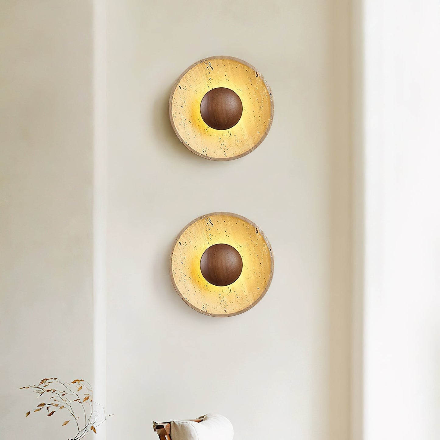 Telaho | Travertine wall lamp with wooden base | Elegant lighting for modern interiors