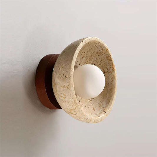 Elegant Travertine Wall Sconce Lighting with White Glass Globe - Modern Rustic Wall Lamp for Living Room, Bedroom, and Hallway