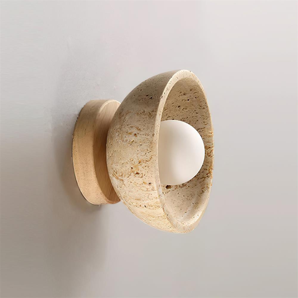 Elegant Travertine Wall Sconce Lighting with White Glass Globe - Modern Rustic Wall Lamp for Living Room, Bedroom, and Hallway