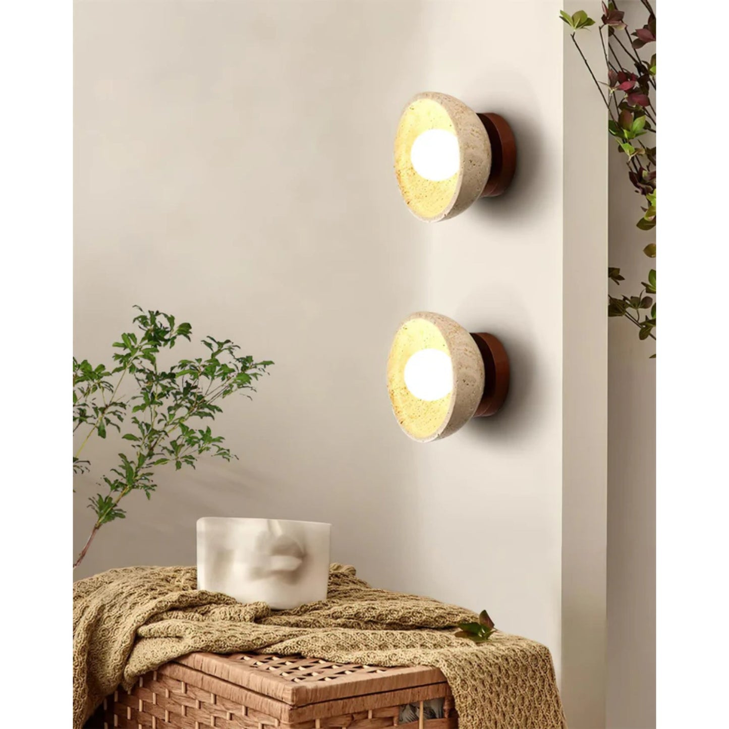 Elegant Travertine Wall Sconce Lighting with White Glass Globe - Modern Rustic Wall Lamp for Living Room, Bedroom, and Hallway