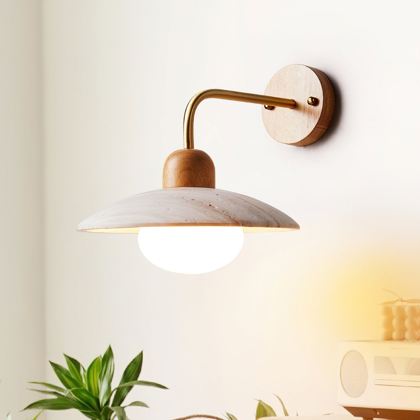 Travertine Wall Lamp with Round Shade | Elegant Lighting for Scandinavian Interiors