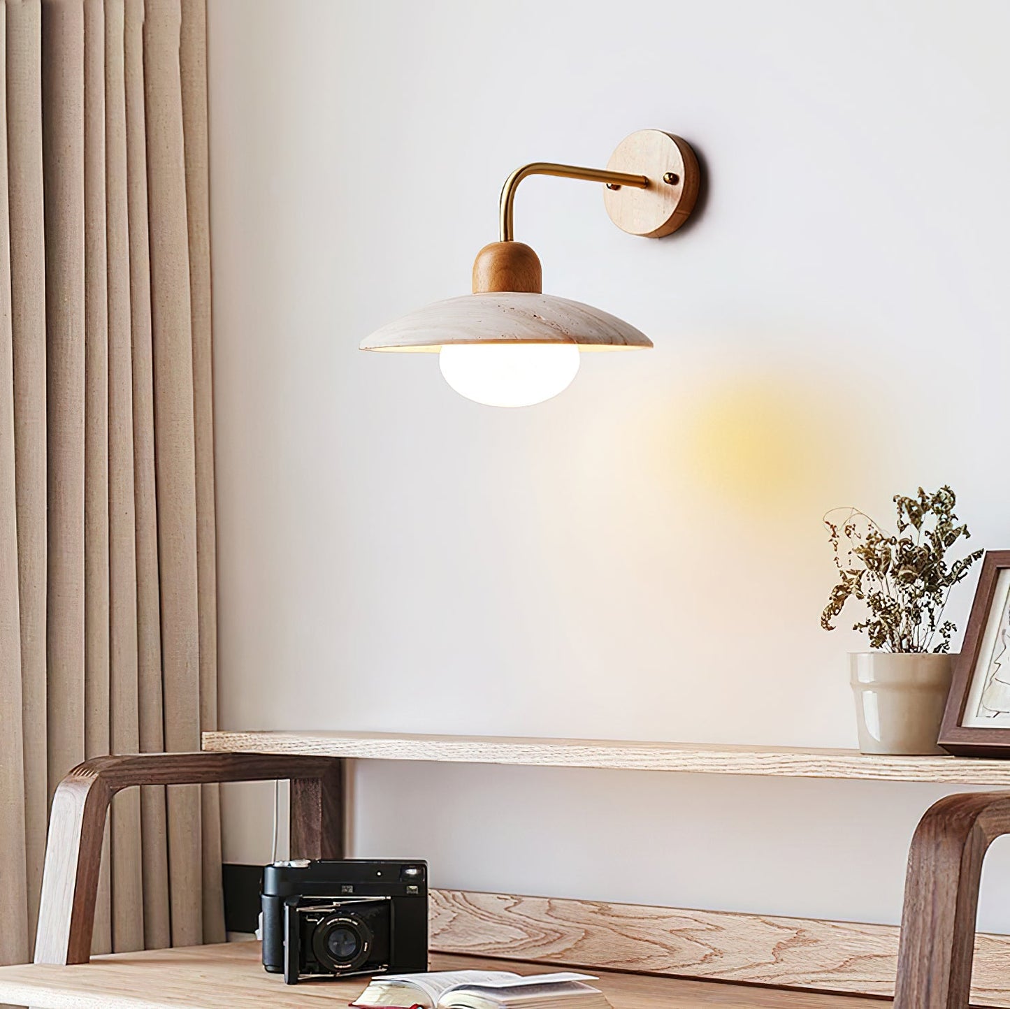 Travertine Wall Lamp with Round Shade | Elegant Lighting for Scandinavian Interiors
