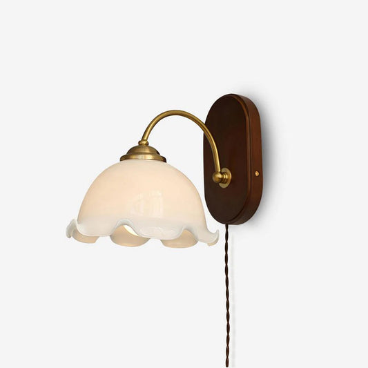 Vintage Wall Sconce Lighting with Glass Shade and Walnut Base - Warm Wall Lamp for Cozy Interiors