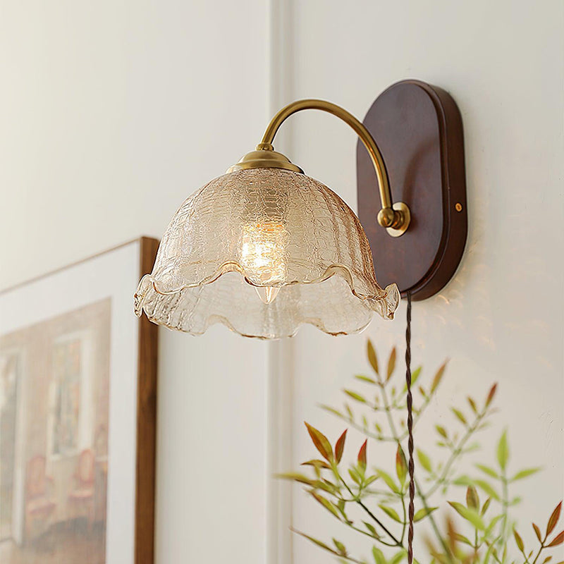 Vintage Wall Sconce Lighting with Glass Shade and Walnut Base - Warm Wall Lamp for Cozy Interiors